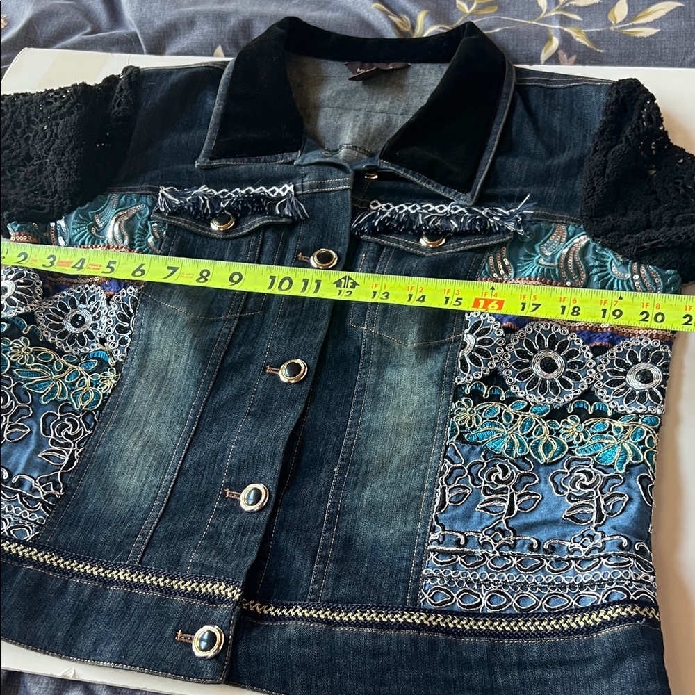 Multiples Blue Embroidered Jean jacket with crochet sleeves and embellished - Picture 5 of 9